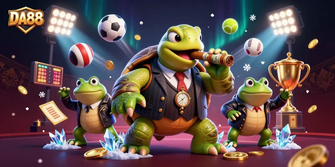 Experience thrilling gaming action with DA88's vibrant 3D cartoon scene of casino characters.