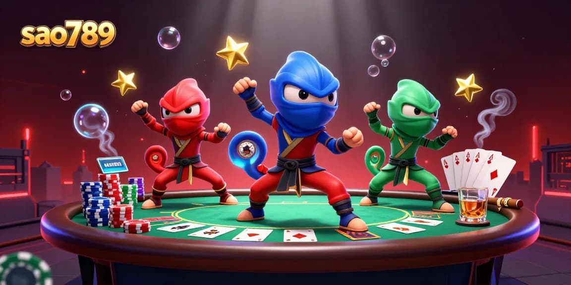 Sao789 ninjas performing martial arts beside dynamic poker elements in a vibrant casino scene.