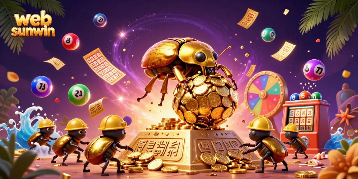 Spin and win with web sunwin as colorful lottery elements burst around golden casino symbols.