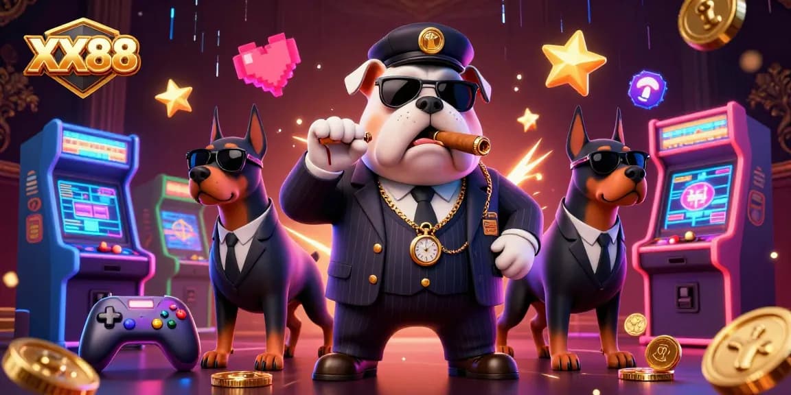 Engage with thrilling XX88 gaming experiences with a mafia boss bulldog in a vibrant casino scene.