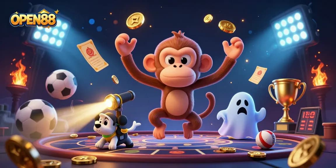 Experience OPEN88 through a vivid 3D illustration featuring a magical casino environment with lively characters and dynamic elements