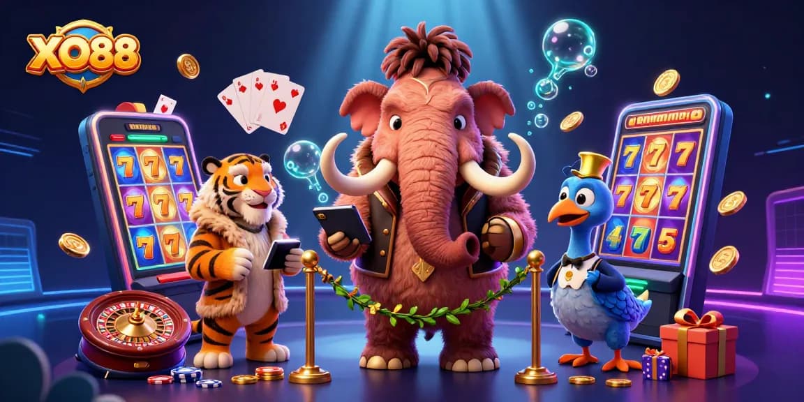 Experience the excitement of XO88 with a vibrant 3D casino scene filled with engaging characters and dynamic game elements.