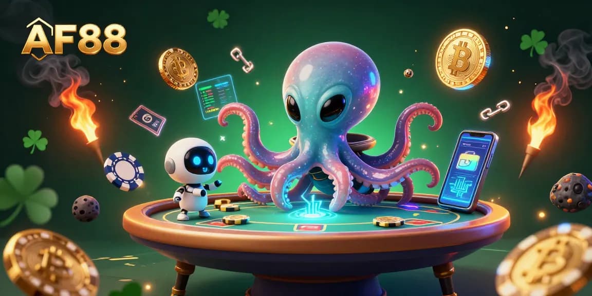 AF88 presents a vibrant scene of an alien octopus at a holographic poker table, showcasing high cryptocurrency excitement.