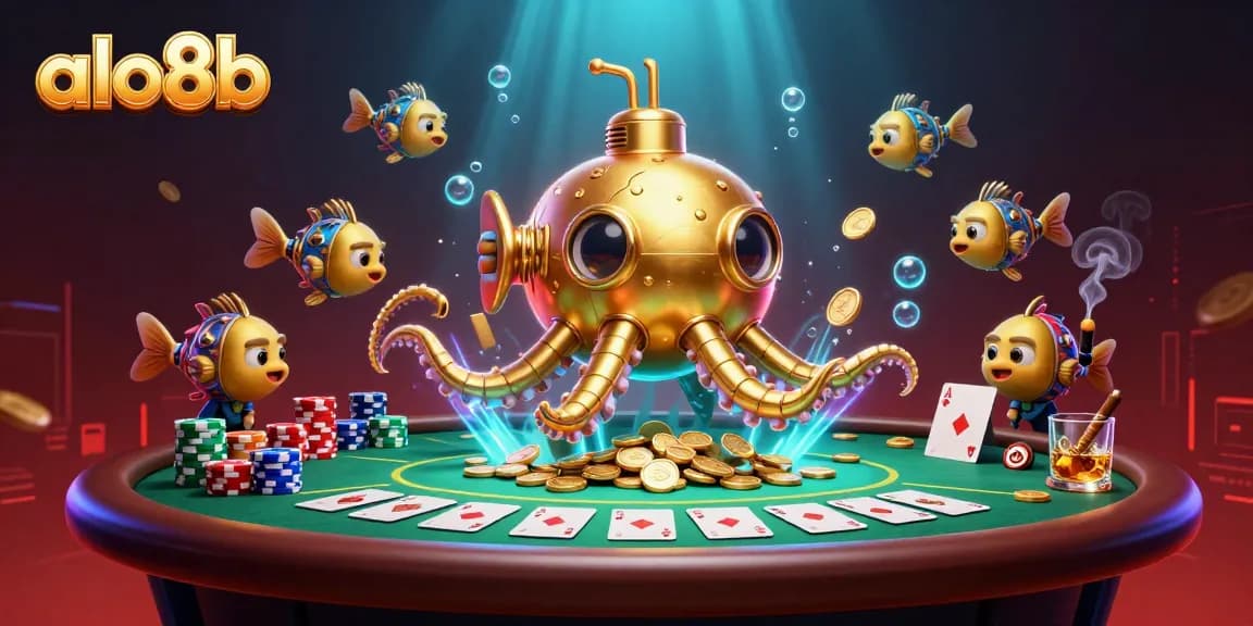 Engage with the dynamic world of alo8b casino, showcasing a vibrant 3D rendering of a golden kraken submarine amidst poker action.
