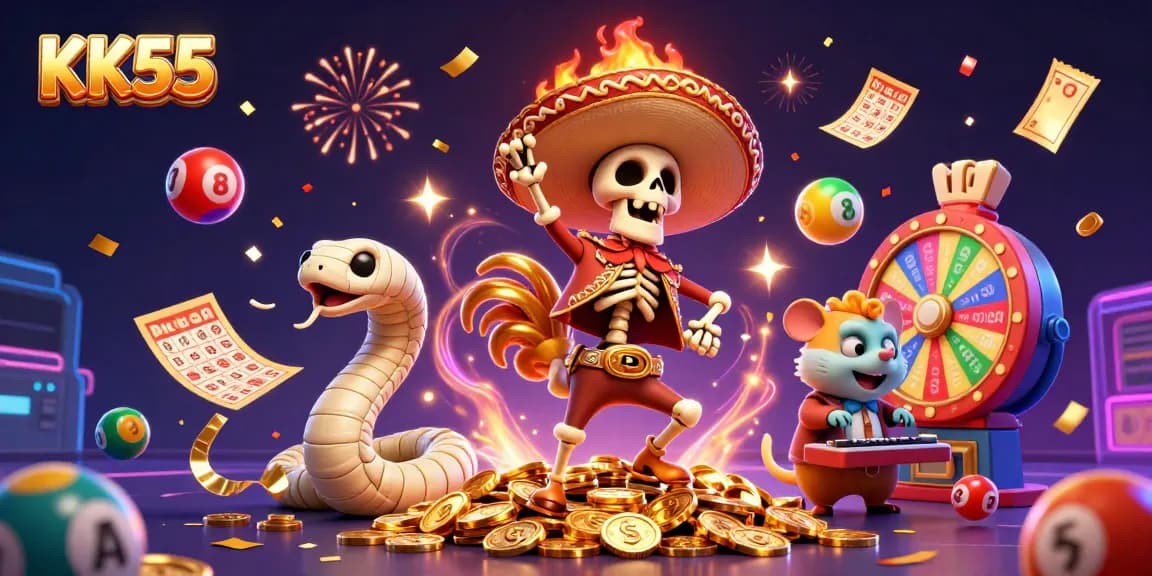 Engage with KK55, a vibrant online casino scene featuring a lively skeleton mariachi rooster and exciting game elements.