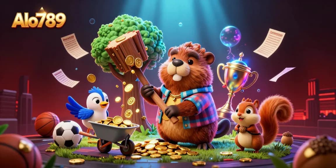 Alo789 players experience thrilling sports betting action, with vibrant characters collecting coins amidst trophies and betting slips.