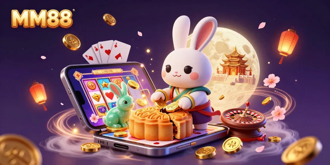 Experience the thrill of MM88 with a vibrant 3D casino scene showcasing traditional characters, slot games, and poker chips