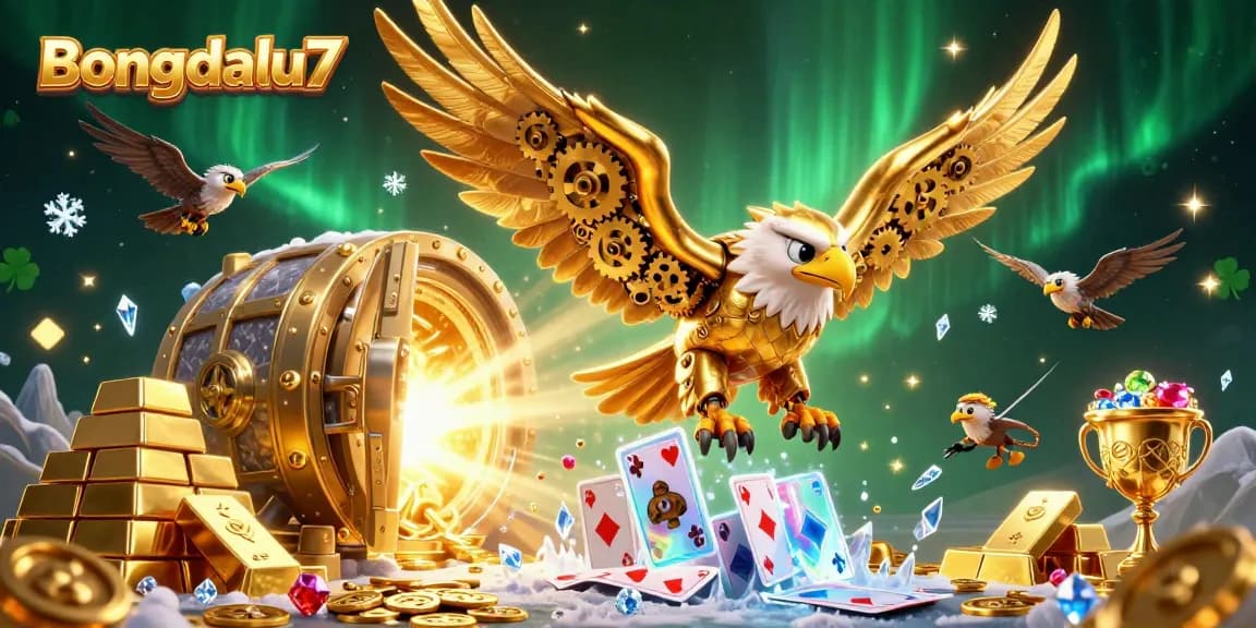 Bongdalu7 showcases a vibrant 3D illustration of a golden eagle amid a flurry of holographic playing cards, symbolizing exciting online gambling action.