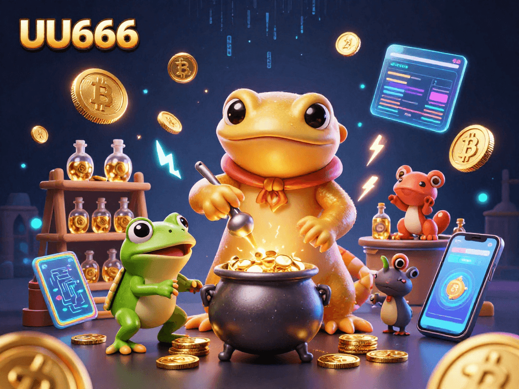 Experience the magic of UU666 with vibrant 3D casino characters transmuting gold in a dynamic digital environment.