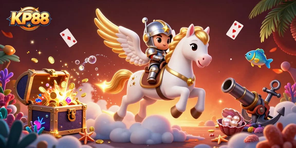 Experience excitement and winnings at KP88 amidst treasures, stardust, and vibrant casino elements.