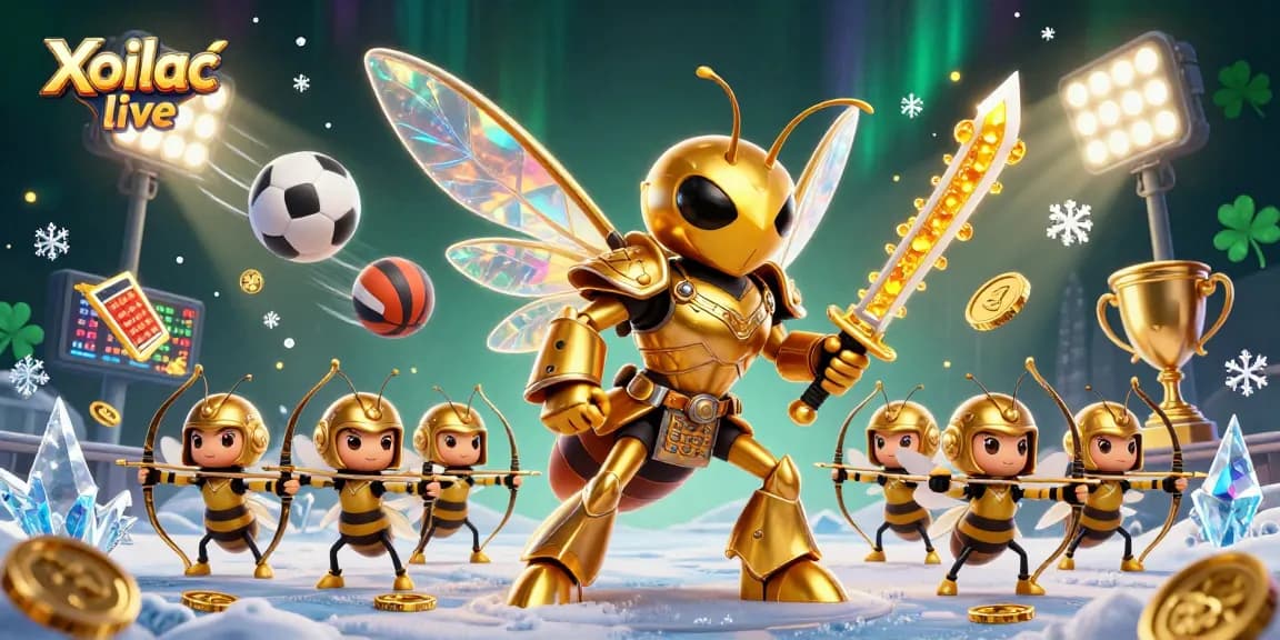 Xoilac live captures a dynamic scene with a giant hornet in samurai armor wielding katanas, surrounded by sports elements.