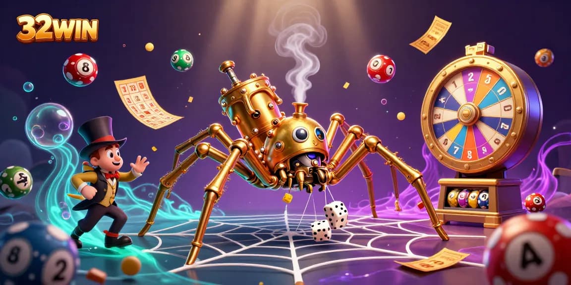 Engage in thrilling games at 32WIN with a vibrant display of lottery balls and casino elements.