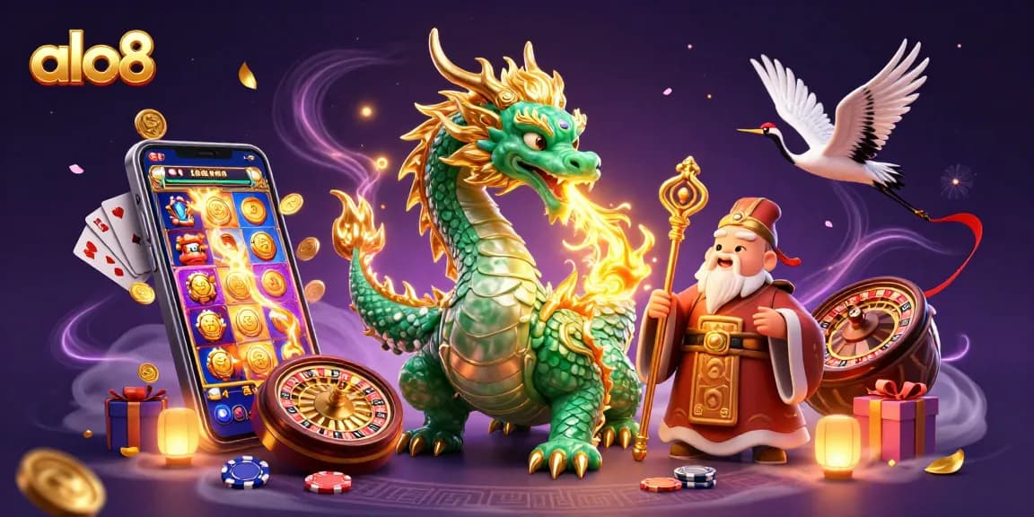 Win big with alo8 featuring a jade dragon and gambling elements in a vibrant casino illustration.