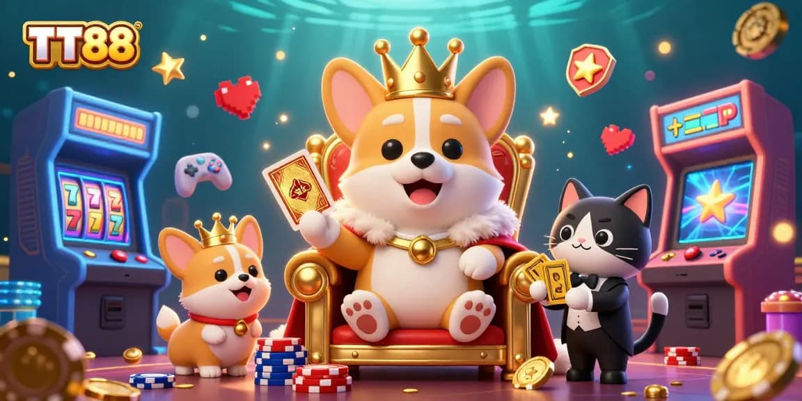 Play exciting games at TT88 with a regal corgi character and vibrant casino elements invoking luck and fun.
