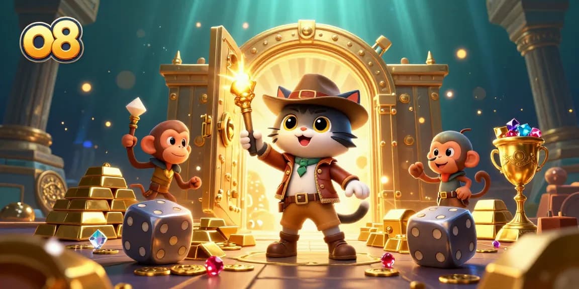 Join the adventure at o8 with a cat archaeologist discovering casino riches in a temple.