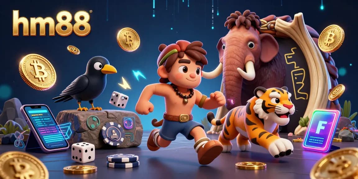 Play games at hm88's virtual casino with caveman and sabertooth characters amidst exciting digital elements.