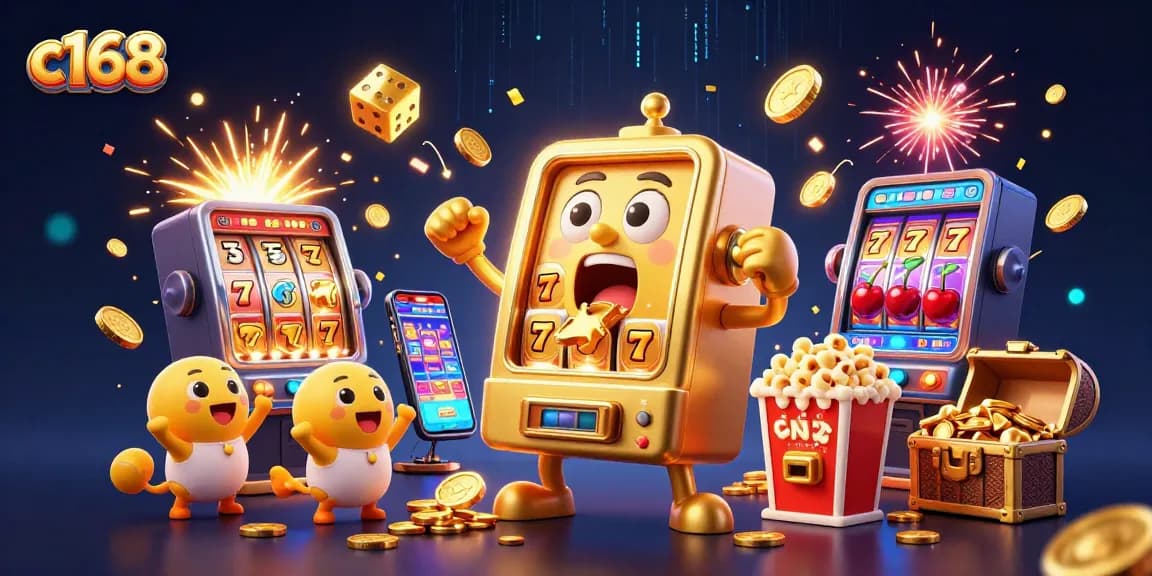 Experience the excitement of c168 with a golden slot machine jackpot scene bursting coins and cheering machines