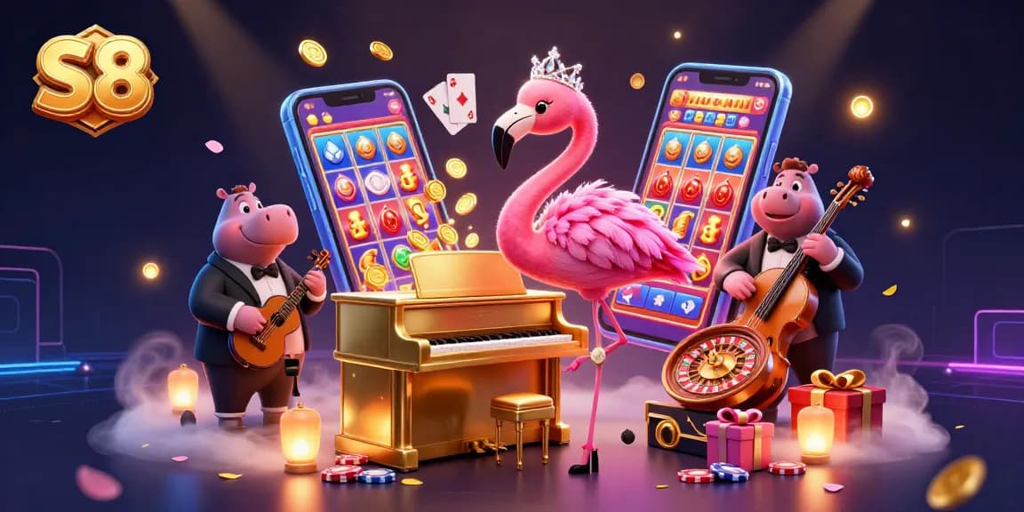Experience exciting gaming action at S8 casino with dynamic characters and vibrant slot games.