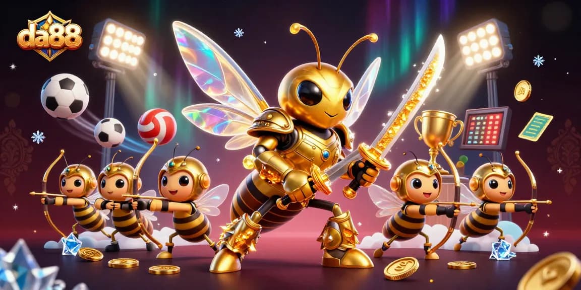 Experience thrilling action in da88 with a golden hornet samurai leading archers amidst dynamic sports elements.