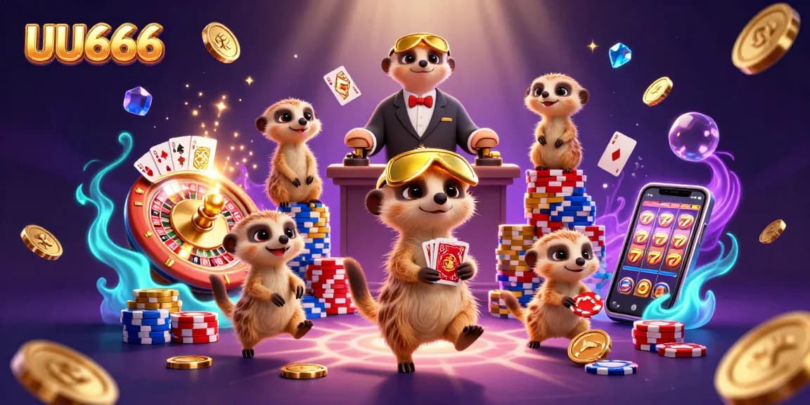 UU666 meerkats operate a vibrant casino scene with golden coins and gem stones.