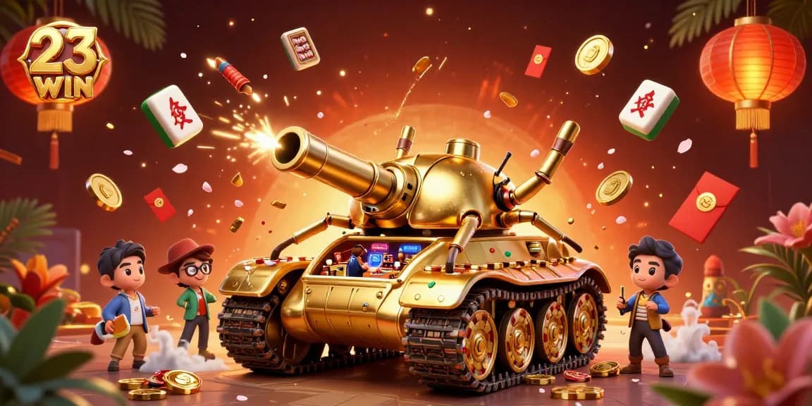 Engage with 23WIN's vibrant casino scene featuring a spectacular golden beetle tank ready for action!