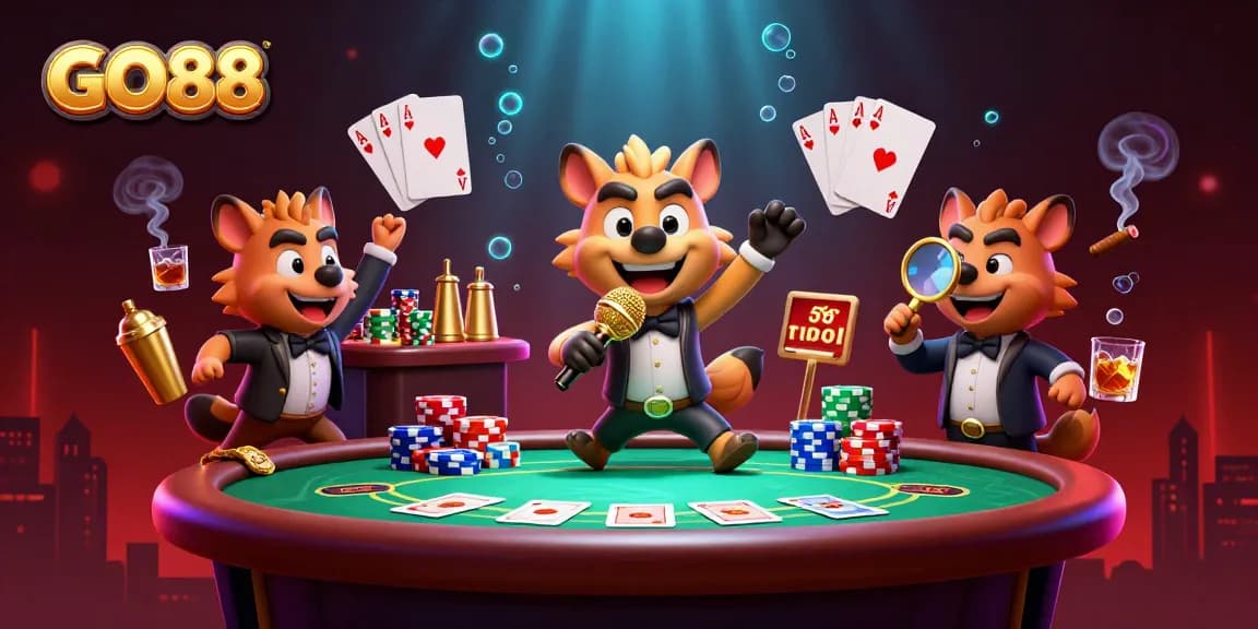 Experience GO88's exciting comedy casino with lively animated hyenas and vibrant gambling elements.