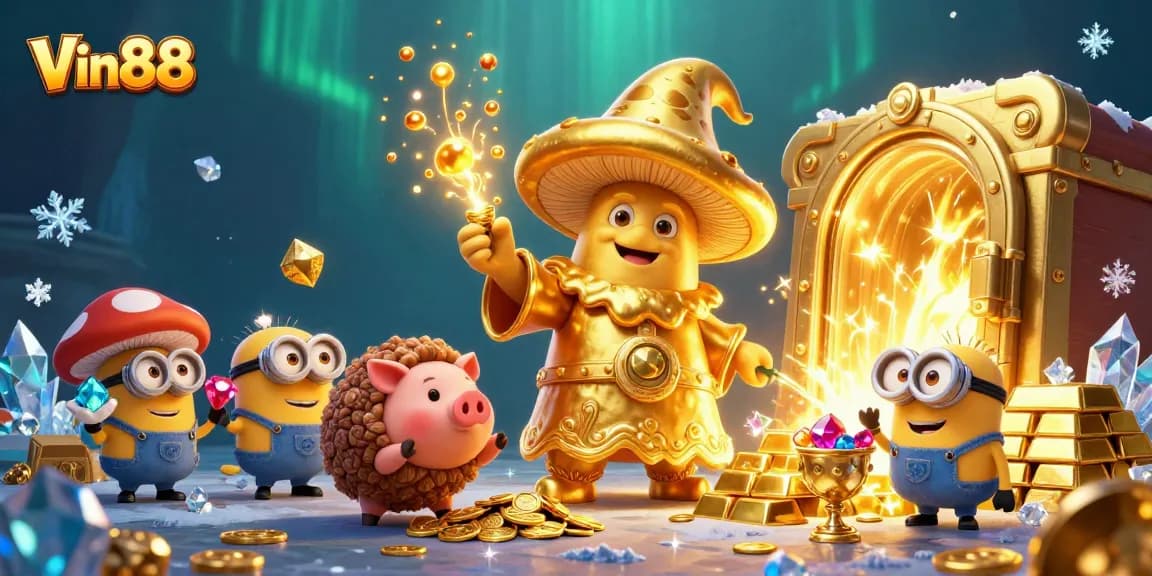 Engage with Vin88's exciting treasures through a magical 3D casino scene filled with gold and gems.