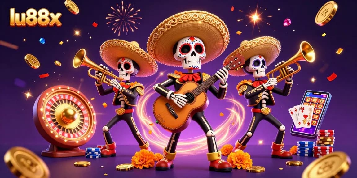 Experience thrilling games at lu88x with colorful mariachi band and exciting casino elements.