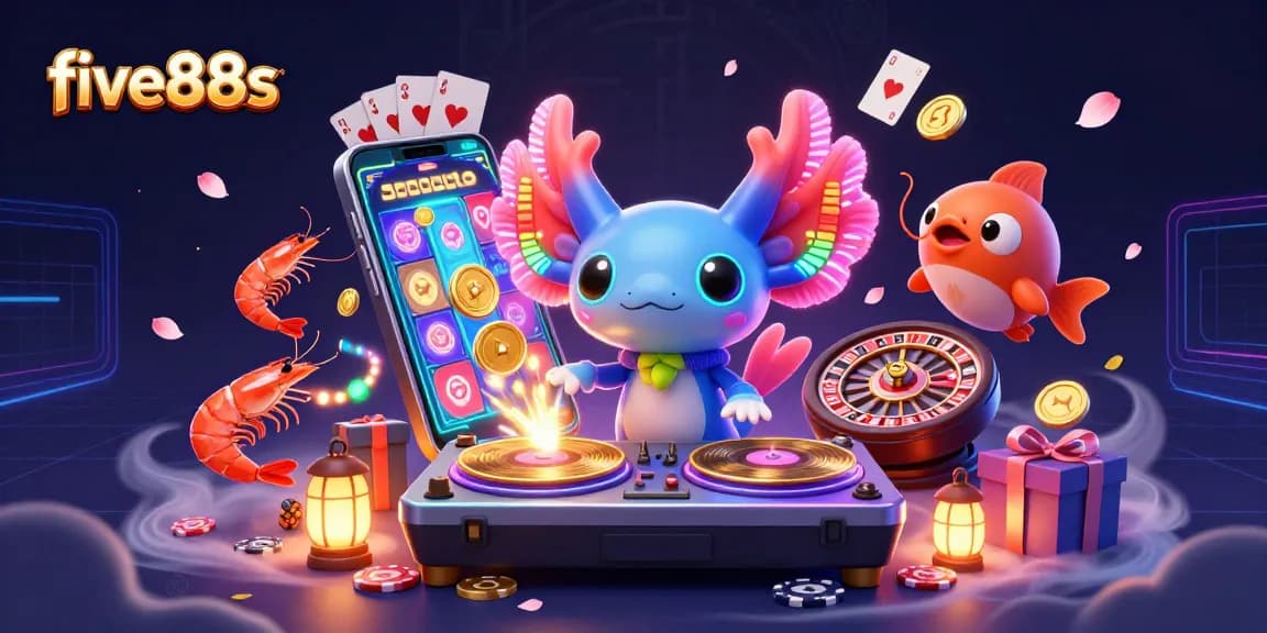 Experience the excitement of five88s with a vibrant underwater casino scene featuring a neon axolotl DJ spinning wins.