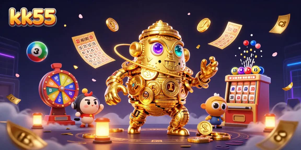 kk55 engage players with an ancient golden golem amidst a vibrant casino atmosphere.