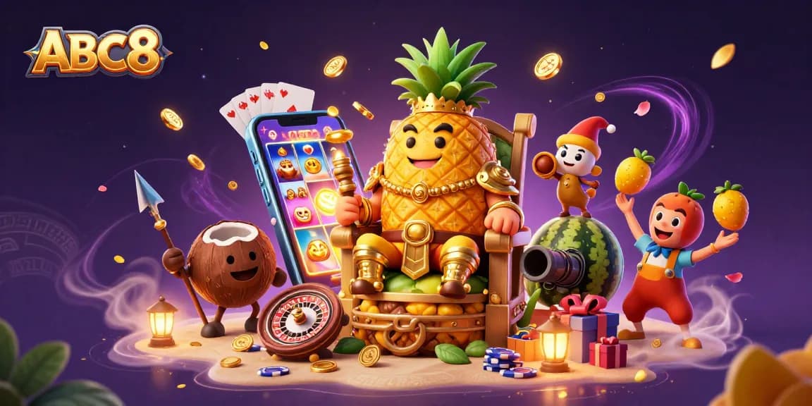 Experience the excitement at ABC8 with vibrant illustrations of casino games and characters in action.