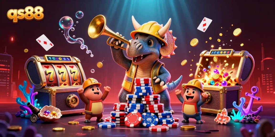 Experience qs88 action with vibrant gaming elements in a dynamic cartoon illustration.