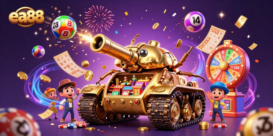 Experience the excitement of ea88 with a colorful 3D casino scene featuring a golden beetle tank and festive elements.