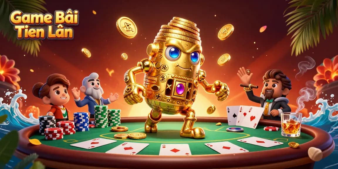 Engage in the thrilling Game Bài Tiến Lên with a golden golem amidst casino elements.