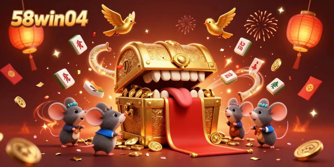Experience thrilling adventures at 58win04 with a vibrant treasure-themed illustration, capturing the excitement of gambling.