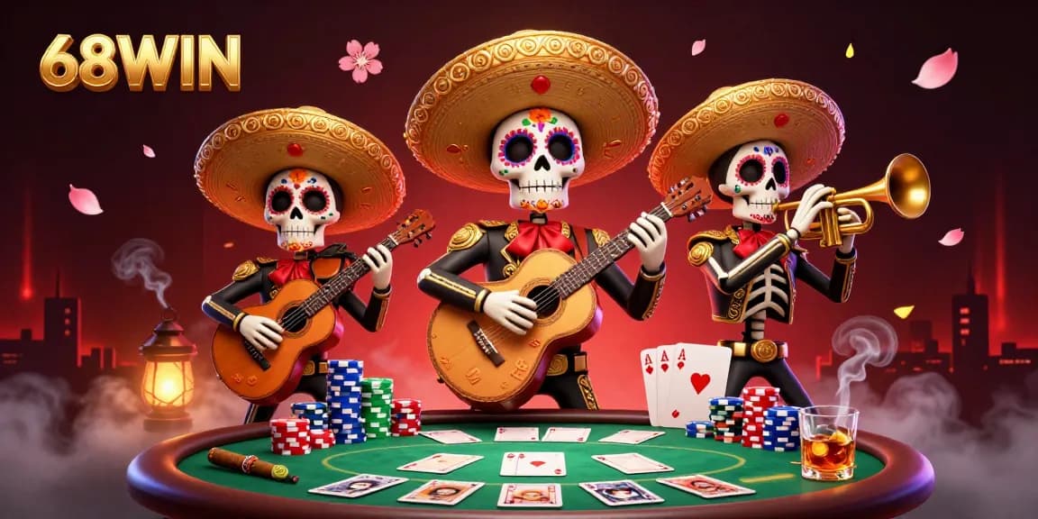 Engage with exciting gaming at 68WIN featuring vibrant mariachi skeletons and poker elements.