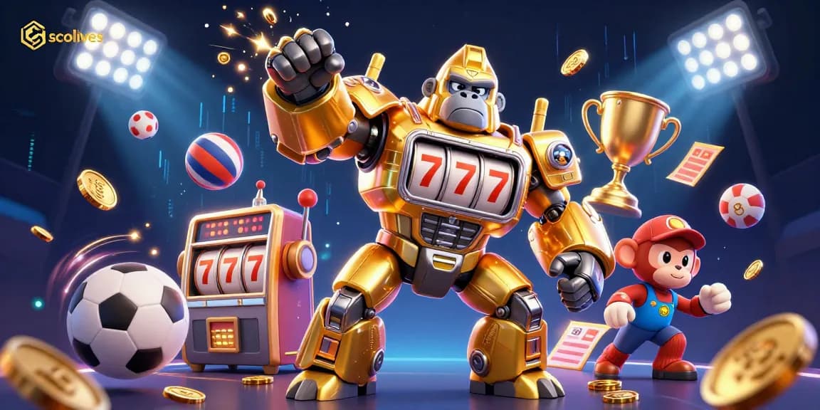 Socolives delivers an explosive sports betting experience with a golden gorilla mech surrounded by vibrant game elements.