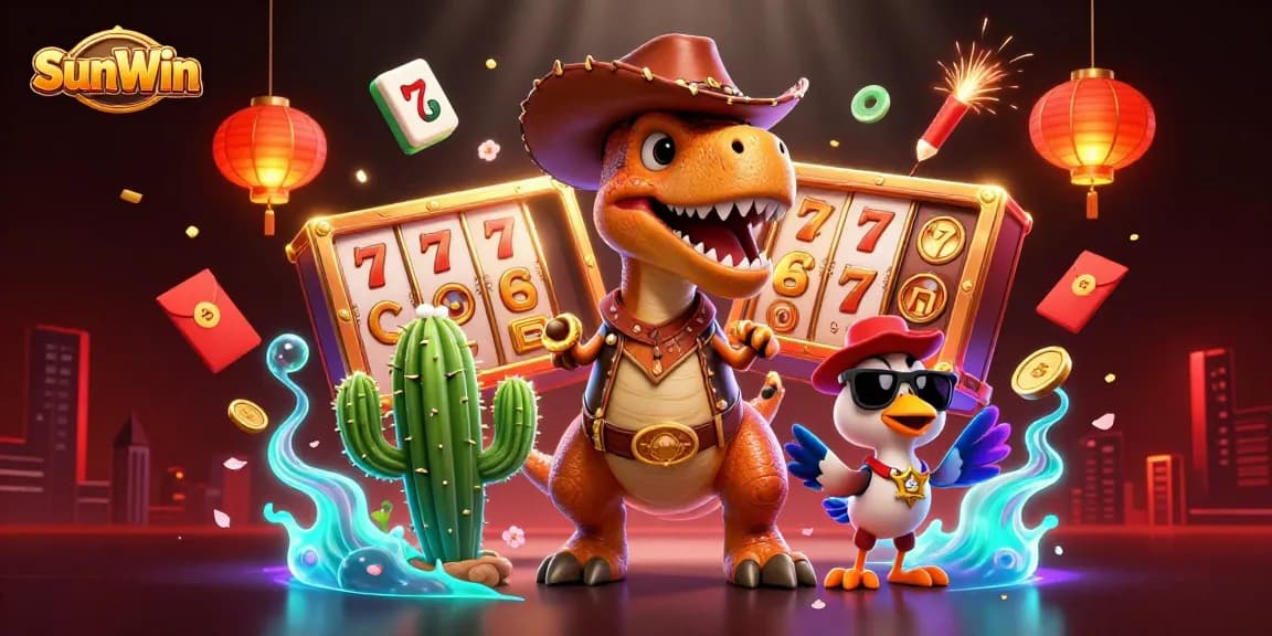 Experience the thrill of SunWin with this vibrant casino scene featuring dynamic characters and rich game elements.