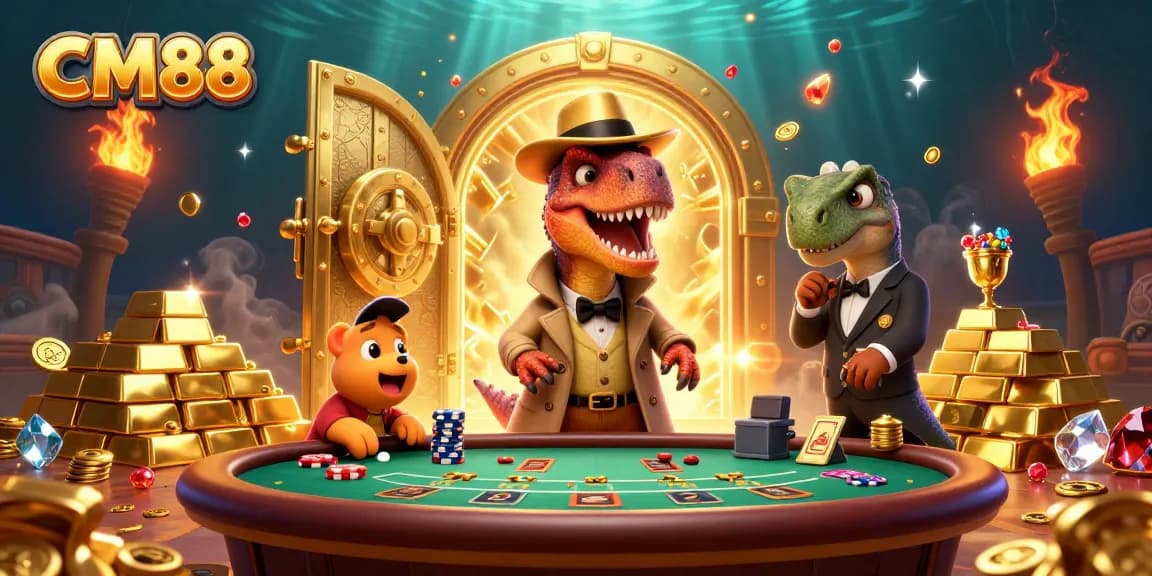 CM88 casino scene featuring a velociraptor card counter with gold treasures and dynamic elements