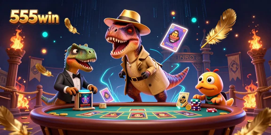 Experience thrilling gameplay at 555win with a velociraptor card counter in action amidst vibrant casino elements.