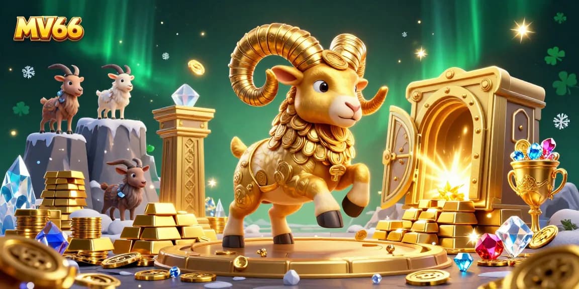 Experience thrilling wins at MV66 with a golden ram charging through treasures in an epic casino scene.