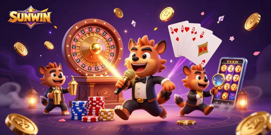 SUNWIN hyenas entertain in a vibrant casino scene with golden coins and game elements flying around.