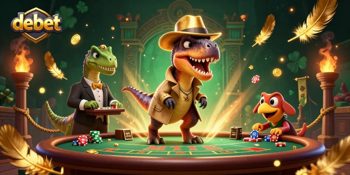 Engage with debet at a vibrant blackjack scene featuring a velociraptor card counter and a stegosaurus pit boss.