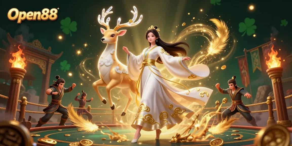 Win exciting games at Open88 with a celestial theme featuring stunning Asian visuals and vibrant casino elements.