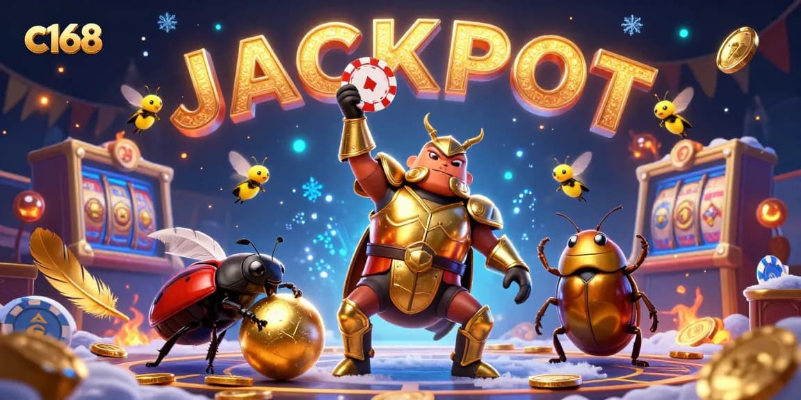 Spin the reels and celebrate jackpot wins with c168 gaming characters in a vibrant casino scene.