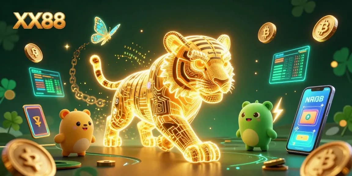 Immerse in the vibrant world of XX88 online casino with a glowing neon tiger and crypto elements.