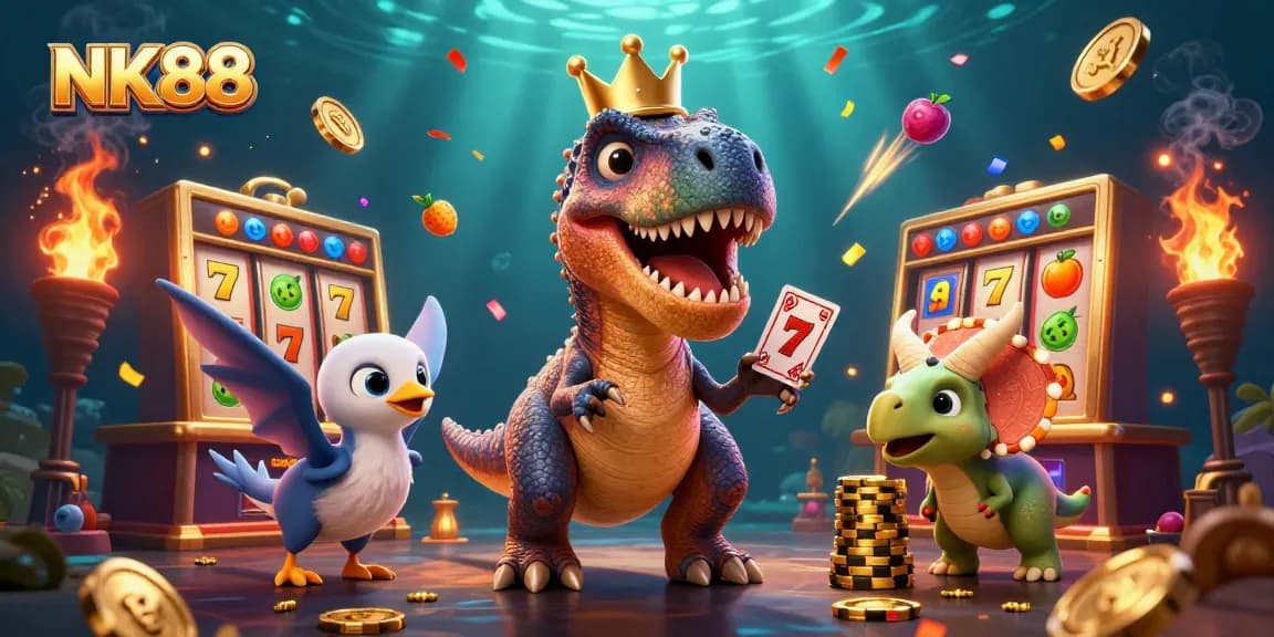 Experience the thrilling action of NK88 with a playful T-Rex and friends engaging in exciting slot play and casino fun.
