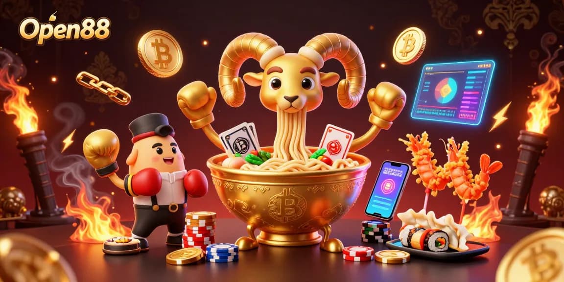 Experience Open88 with a playful giant ramen bowl dealer and vibrant casino elements in a rich, dynamic scene.
