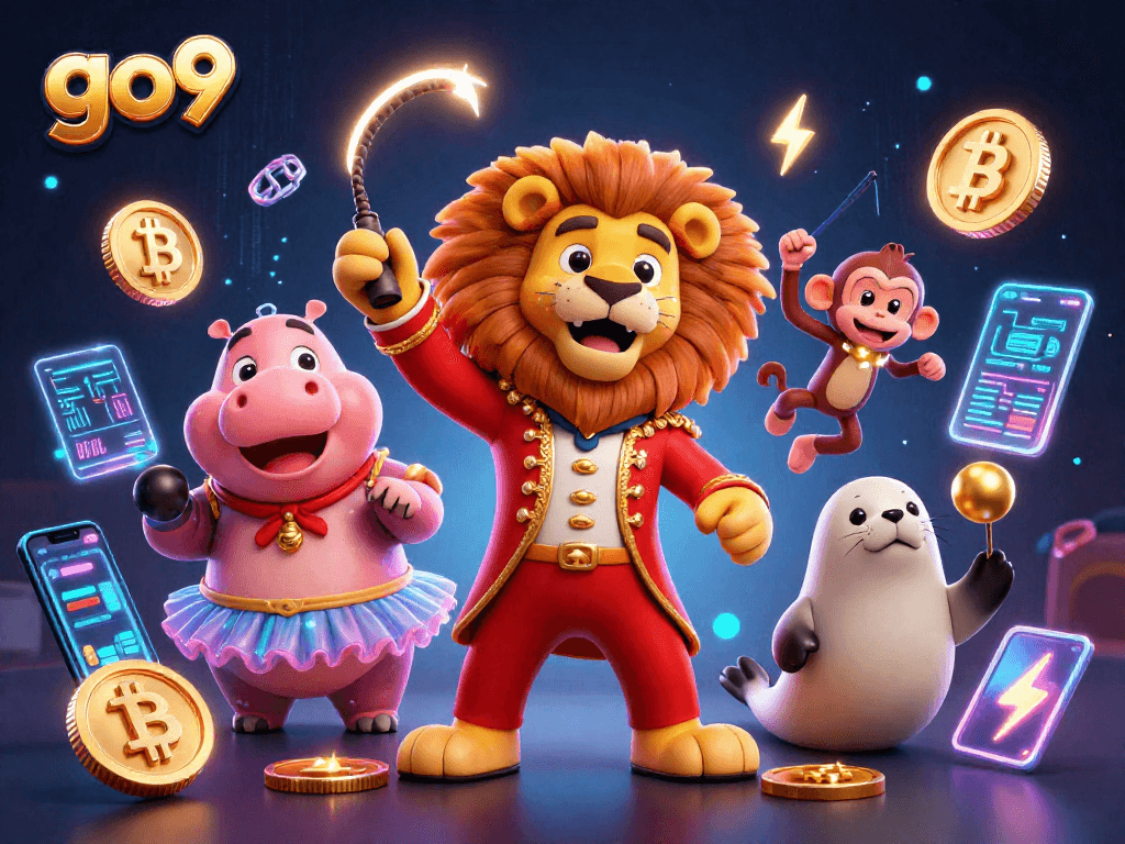Experience the thrills of go9 online casino with a vibrant 3D cartoon circus scene featuring interactive gaming elements.