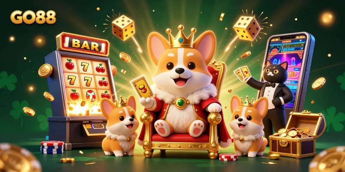 Experience GO88's vibrant casino world with royal corgi, cat butler, and thrilling slot machine elements.